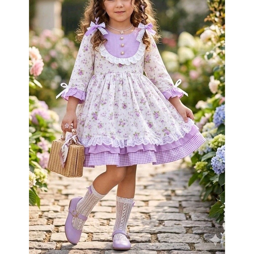 The Carriage House Floral Boho Dress Girls 5 Purple Lace Grandmillennial Vintage